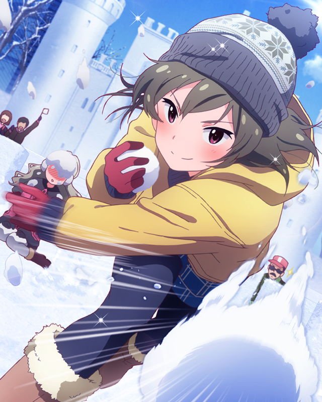 >:), 2girls, action, beanie, blush, boots, brown_hair, handa_roko