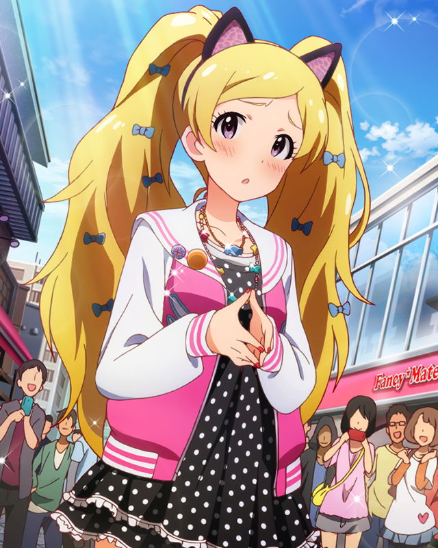 1girl, animal_ears, artist_request, badge, blonde_hair, blush, bow, button_badge