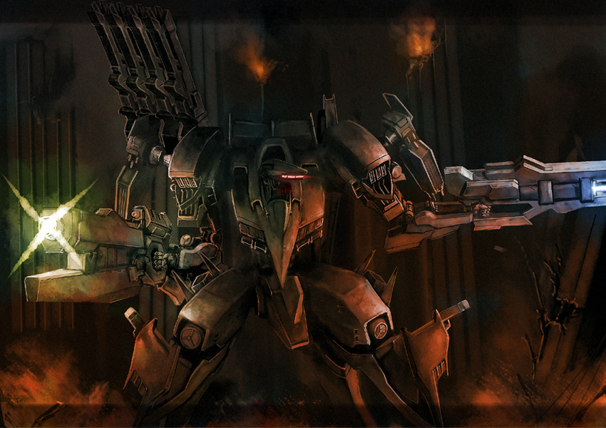 04-alicia, armored_core, armored_core:_for_answer, armored_core_4, dual_wielding, gun, mecha, no_humans, ra_(pixiv), rifle, unsung, weapon
