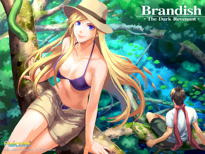 1boy, 1girl, alternate_costume, arm_support, artist_request, bikini, black_hair, blonde_hair, blue_bra, blue_eyes, blue_panties, bra, brandish, breasts, casual, cleavage, collarbone, company_name, copyright_name, dela_delon, fish, forest, hat, highres, lily_pad, lipstick, long_hair, looking_at_viewer, makeup, nail_polish, nature, official_art, open_fly, panties, pantyshot, pink_lipstick, short_hair, shorts, sitting, smile, snake, sorceress, swimsuit, unbuttoned, underwear, unzipped, water