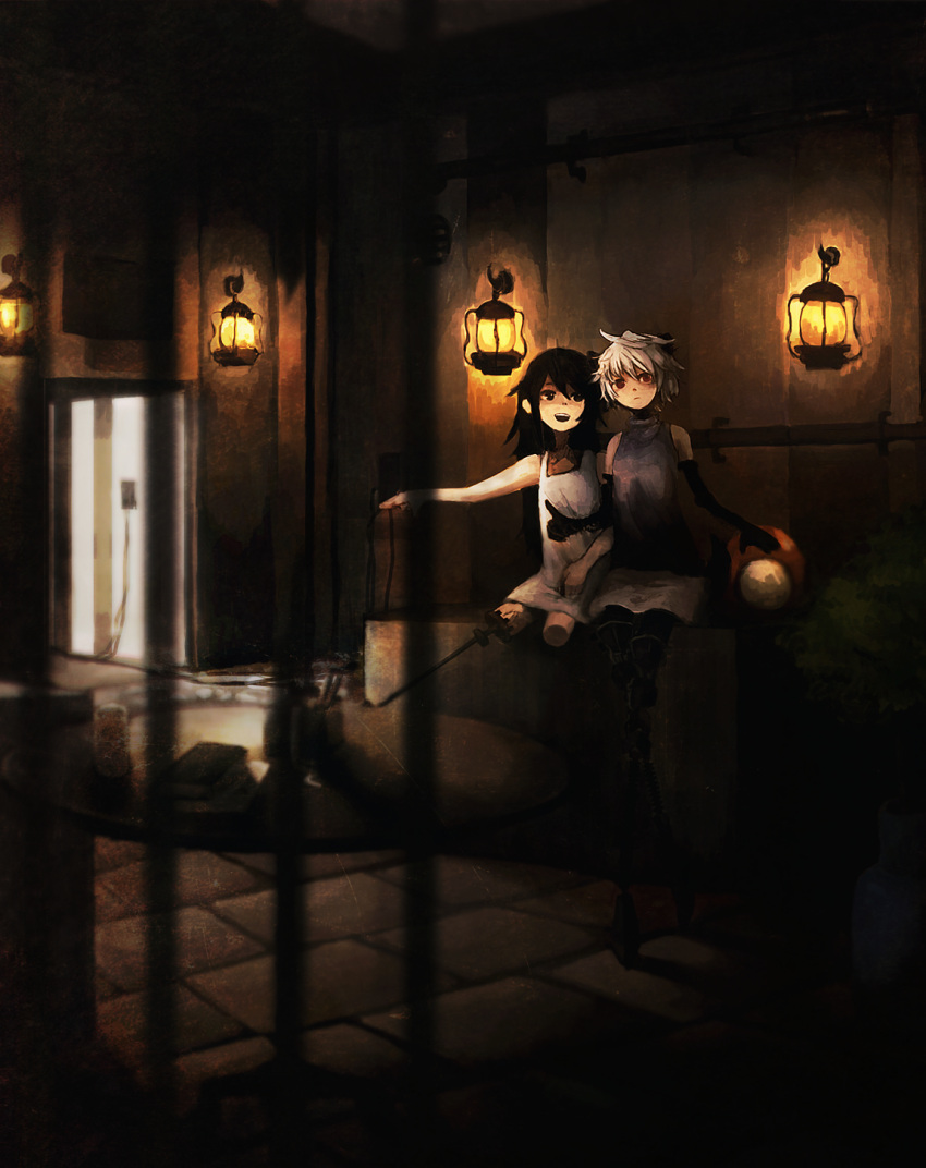 .flow, 2girls, amputee, black_hair, dress, full_body, highres, indoors, kareido_(kaleidoscope), kik_(gonnsama), lantern, long_hair, metal-tan, multiple_girls, pipes, prosthesis, quadruple_amputee, red_eyes, room, sabitsuki, short_hair, sitting, sleeveless, sleeveless_turtleneck, smile, table, turtleneck, white_dress, white_hair