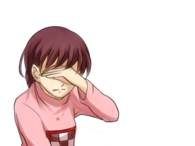 1girl, braid, brown_hair, crying, hand_on_own_face, madotsuki, nabuta375, pink_shirt