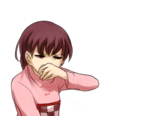 1girl, braid, brown_hair, looking_down, madotsuki, nabuta375, pink_shirt, red_eyes