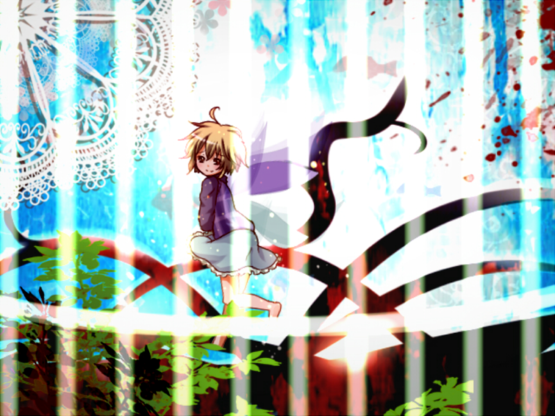 1girl, ahoge, blonde_hair, colorful, fairy_wings, full_body, looking_at_viewer, short_hair, skirt, solo, urotsuki, welchiinnti, wings, yume_2kki
