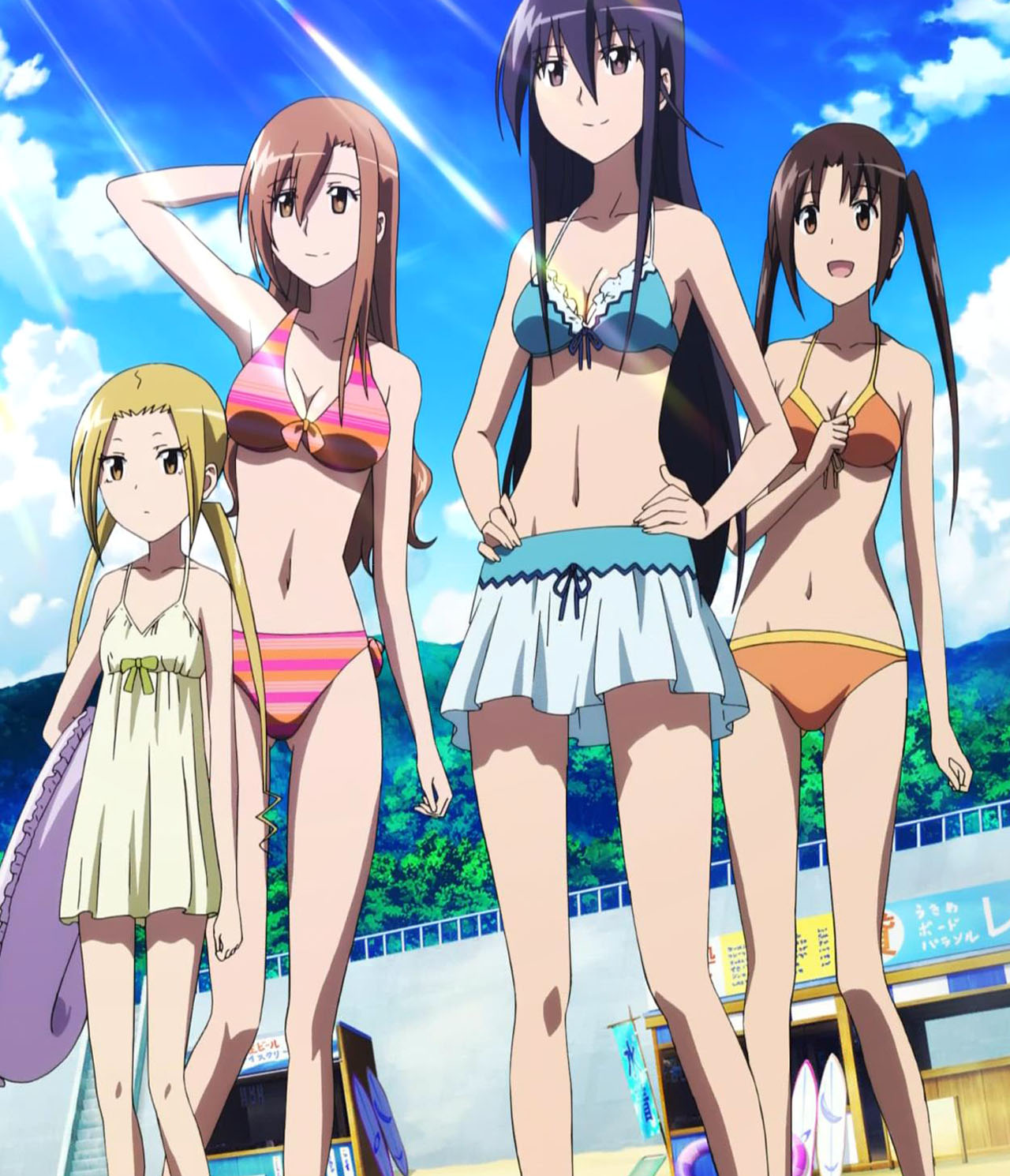 4girls, amakusa_shino, bikini, bikini_bottom, bikini_skirt, bikini_top, black_eyes, black_hair