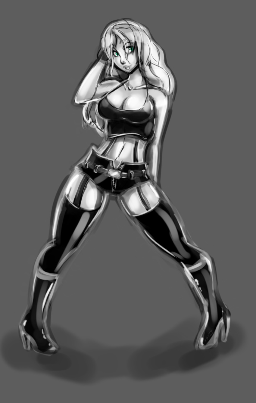 1girl, breasts, green_eyes, highres, large_breasts, long_legs, monochrome, pigeon-toed