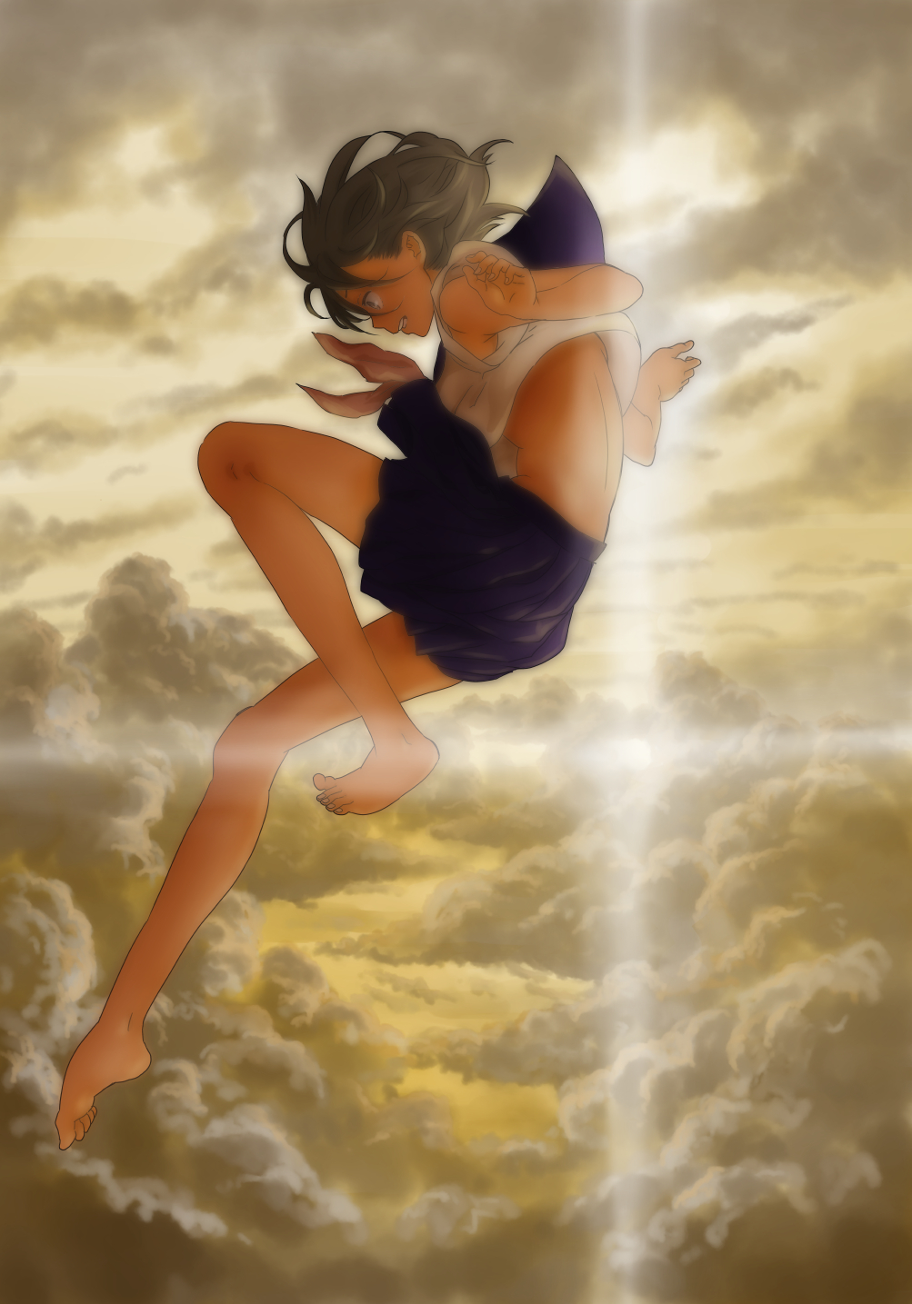 1girl, barefoot, black_hair, clouds, cloudy_sky, falling, highres, original