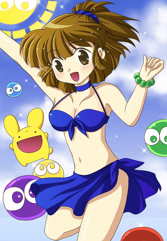 1girl, arle_nadja, arm_up, bikini, blue_bikini, bracelet, breasts, brown_eyes