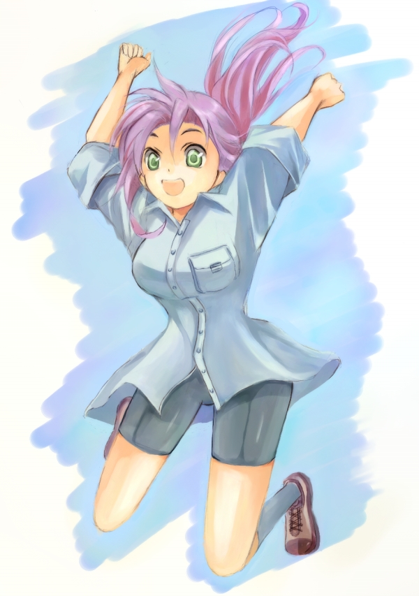 1girl, bike_shorts, borrowed_character, breasts, green_eyes, jumping, long_hair, original, ponytail, purple_hair, shirt, shoes, sleeves_rolled_up, socks, tanpopo_(okirakujin), umizakura_tachimi