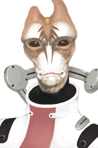 1boy, alien, jill_besson_(vordandan), male_focus, mass_effect, mass_effect_2, mordin_solus, scar, simple_background, smile, solo, white_background