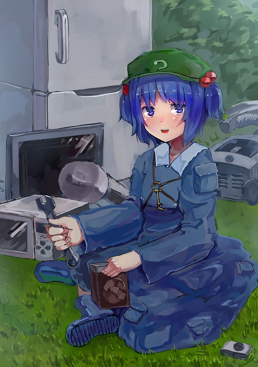 1girl, blue_eyes, blue_hair, blush, boots, bubble, combination_wrench, grass