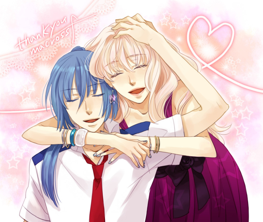 1girl, closed_eyes, couple, macross, macross_frontier, monaka, saotome_alto, sheryl_nome