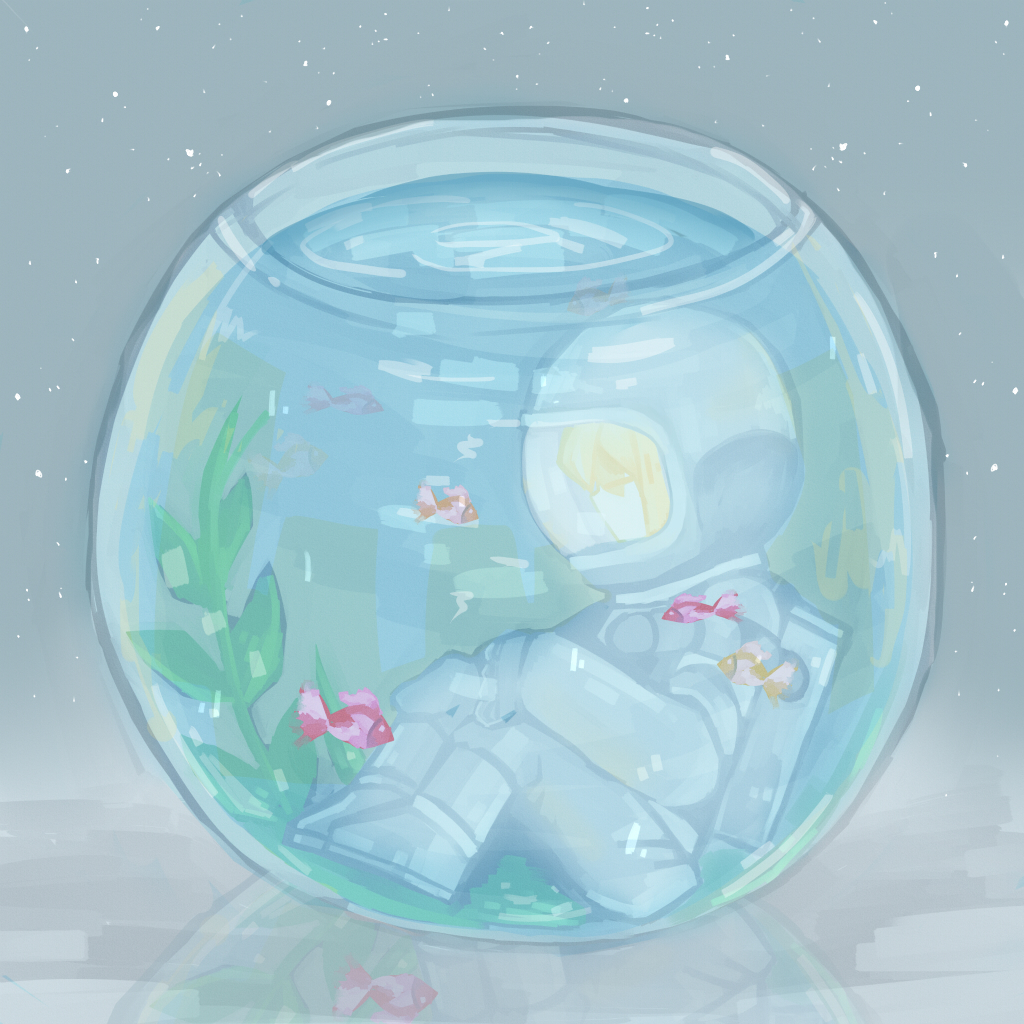 1girl, aquarium, blonde_hair, fish, fishbowl, full_body, goldfish, helmet