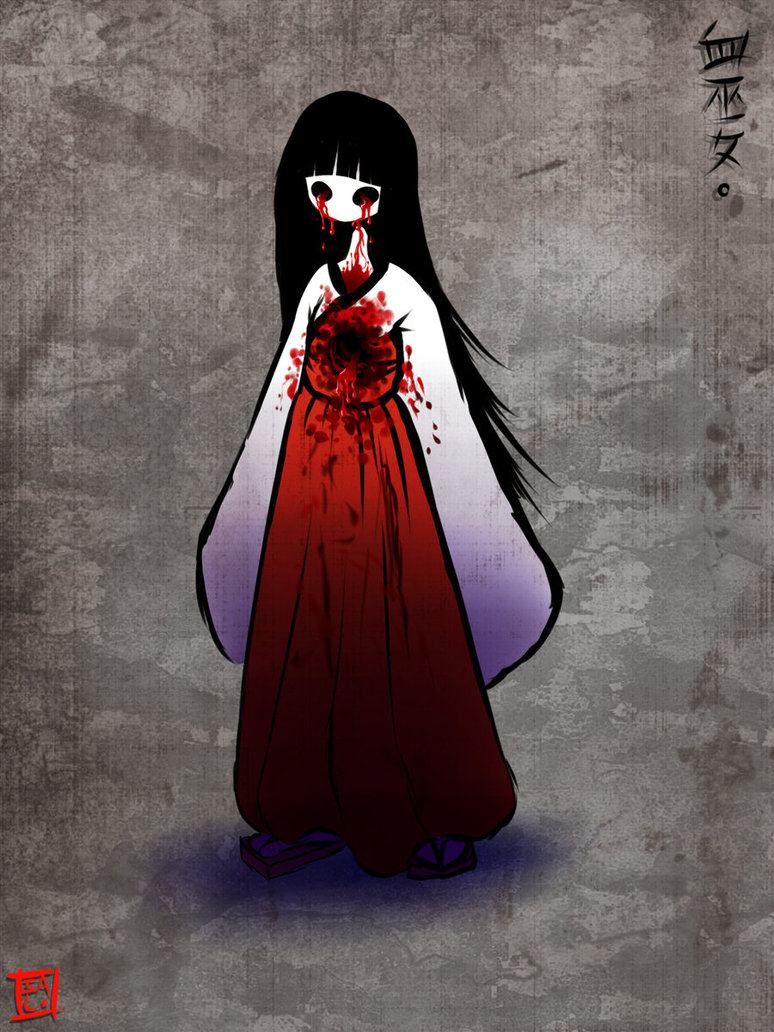 1girl, answered_prayers, artist_request, black_hair, bleeding, blood, chimiko_(answered_prayers), full_body