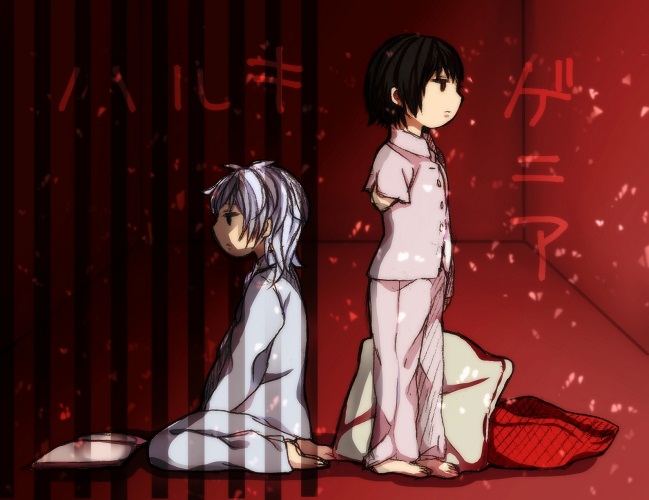 2girls, amputee, aya_(hallucigenia), black_hair, book, expressionless, gicullah_aine, hallucigenia_(game), labyrinth_(hugensupana), looking_away, multiple_girls, pajamas, pillow, profile, short_hair, sitting, white_hair