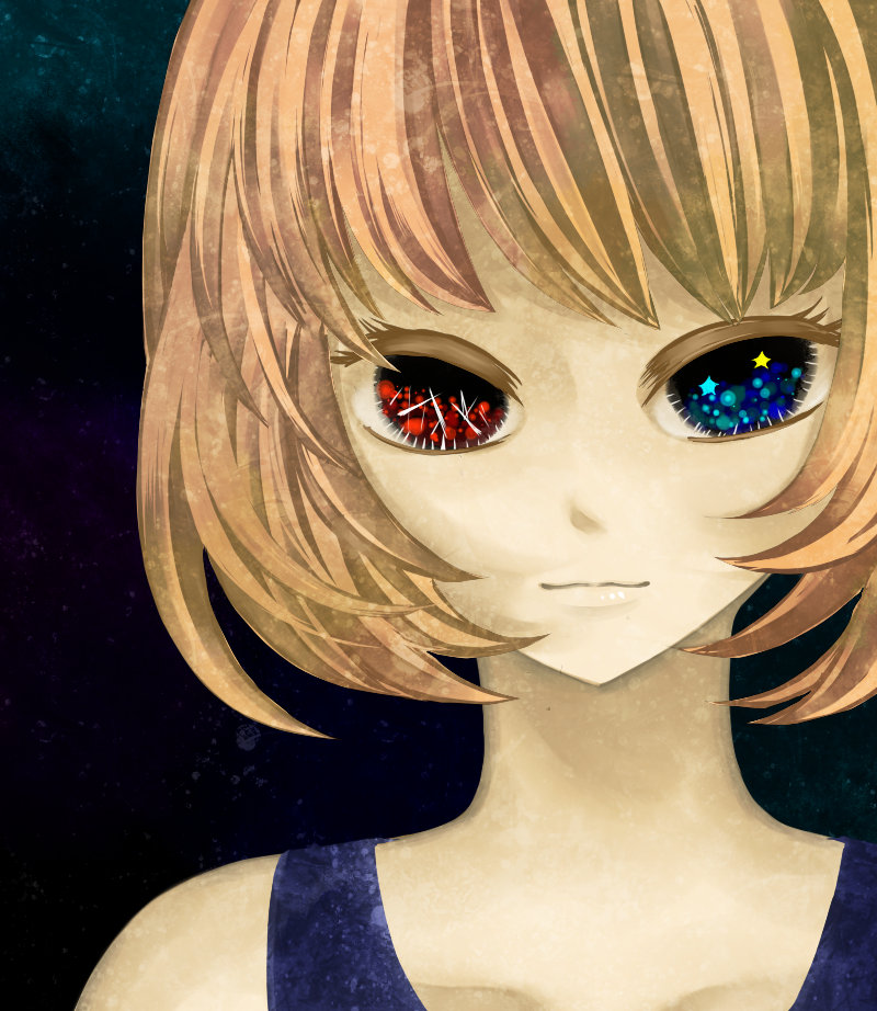 1girl, blonde_hair, blue_eyes, collarbone, dress, heterochromia, light_smile, looking_at_viewer, nemuru_(nahunahu), red_eyes, short_hair, solo, usotsuki, yume_nisshi