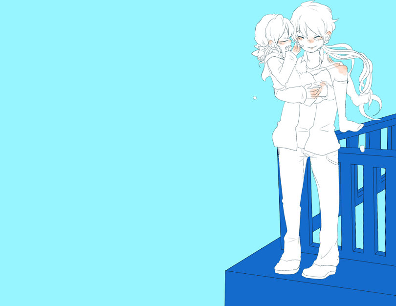 2boys, bandanna, carrying, crossover, crying, debris_(game), dual_persona, floating_hair, kneehighs, male, mikan_muzou, multiple_boys, ponytail, princess_carry, rooftop, soutarou_(mikan_muzou), spot_color, standing, tatsuki_(debris), time_paradox, younger