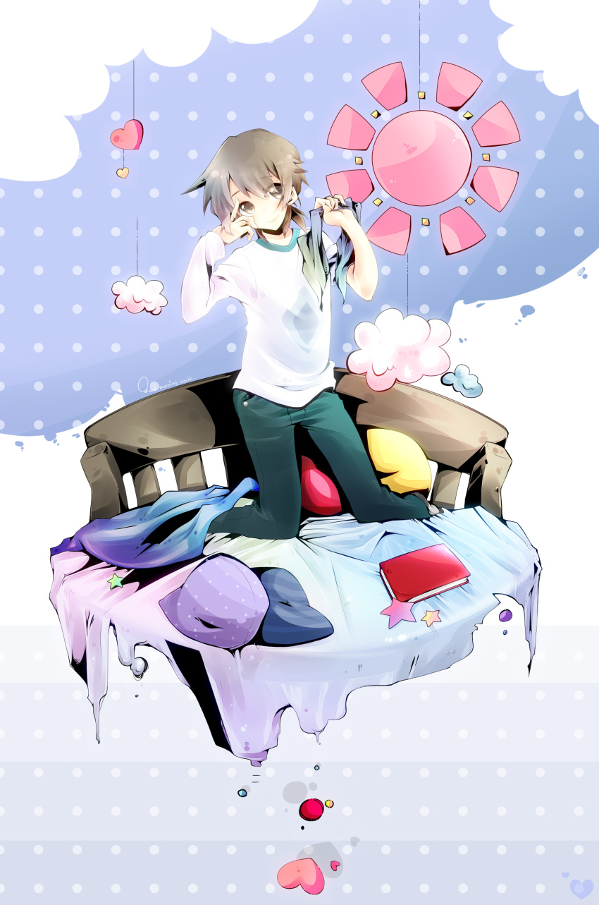 1boy, absurdres, aozora_sky_(vocalolen), bandanna, bed, book, brown_hair, debris_(game), dripping, head_tilt, heart, highres, kneeling, male_focus, ponytail, smile, solo, star, tatsuki_(debris)