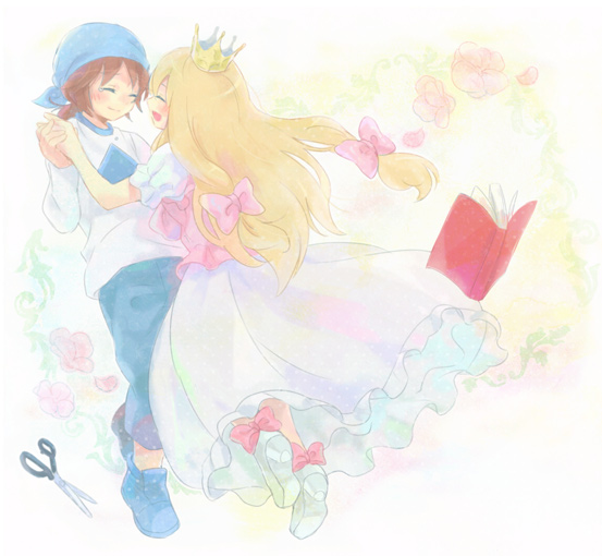1boy, 1girl, ^_^, bad_id, bandanna, blonde_hair, book, bow