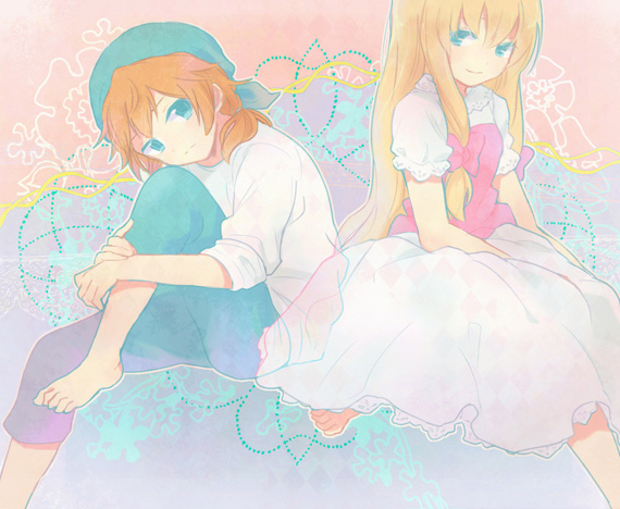1boy, 1girl, bad_id, bandanna, barefoot, blonde_hair, blue_eyes, brown_hair