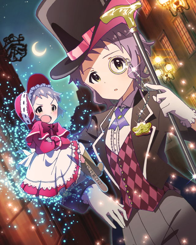 2girls, artist_request, cane, crescent_moon, formal, gloves, hat, idolmaster, idolmaster_million_live!, jpeg_artifacts, little_mizuki, looking_at_viewer, makabe_mizuki, monocle, moon, multiple_girls, official_art, short_hair, top_hat, yellow_eyes
