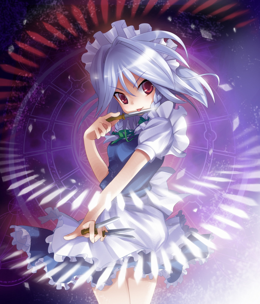 braid, danmaku, highres, izayoi_sakuya, knife, licking, maid, maid_headdress