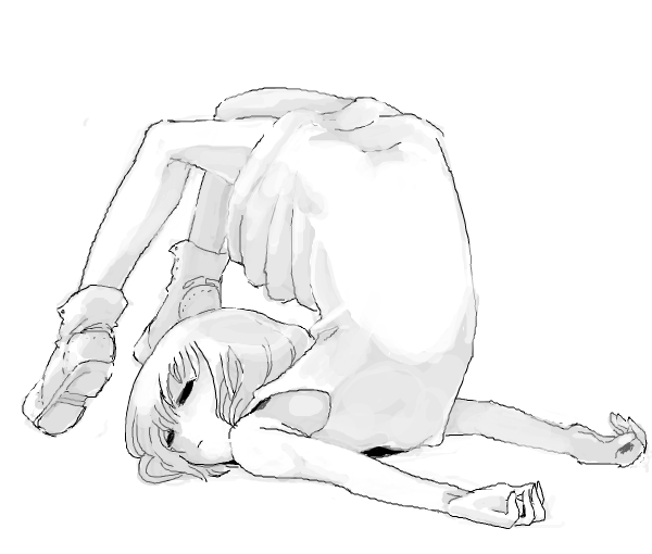 1girl, chest_stand, closed_eyes, dress, flexible, full_body, monochrome, solo
