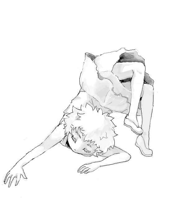 .flow, 1girl, chest_stand, closed_eyes, flexible, full_body, monochrome, sabitsuki