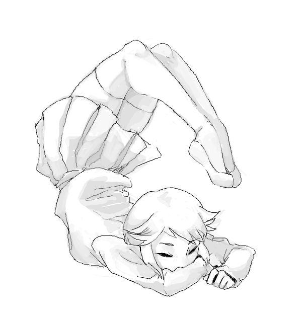 1girl, chest_stand, closed_eyes, flexible, full_body, monochrome, shoes, short_hair