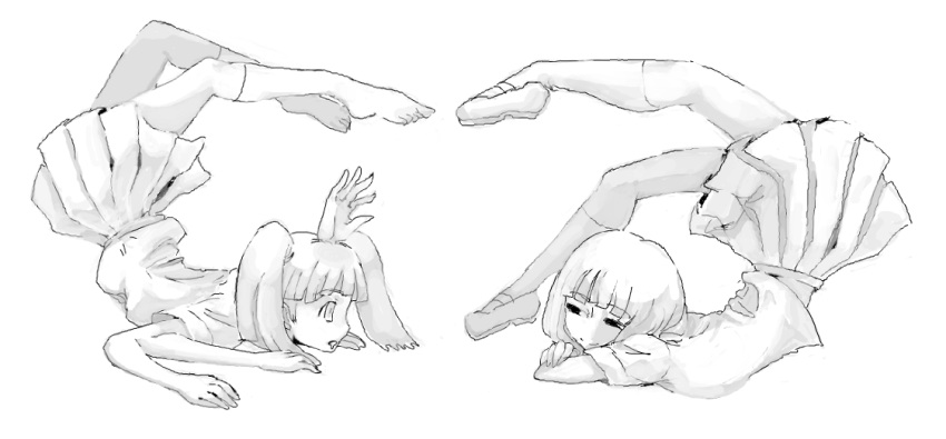 2girls, chest_stand, extra_arms, flexible, full_body, kneehighs, monochrome, monoe