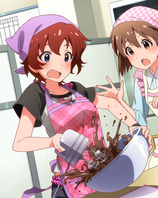 2girls, apron, baking, belt, blue_eyes, blush, bowl, brown_eyes, brown_hair, chocolate, d:, electric_mixer, hagiwara_yukiho, idolmaster, idolmaster_million_live!, jewelry, julia_(idolmaster), mixing_bowl, multiple_girls, necklace, official_art, open_mouth, raglan_sleeves, short_hair, studded_belt, surprised