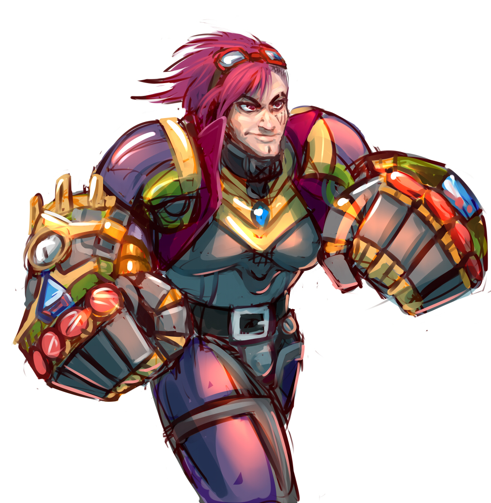 1boy, armor, belt, bulge, genderswap, gloves, goggles, goggles_on_head, league_of_legends, pink_hair, red_eyes, ripushko, tattoo, vi_(league_of_legends)