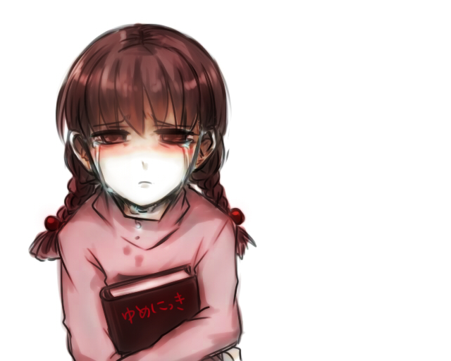 1girl, bad_id, book, braid, brown_hair, crying, holding, long_hair