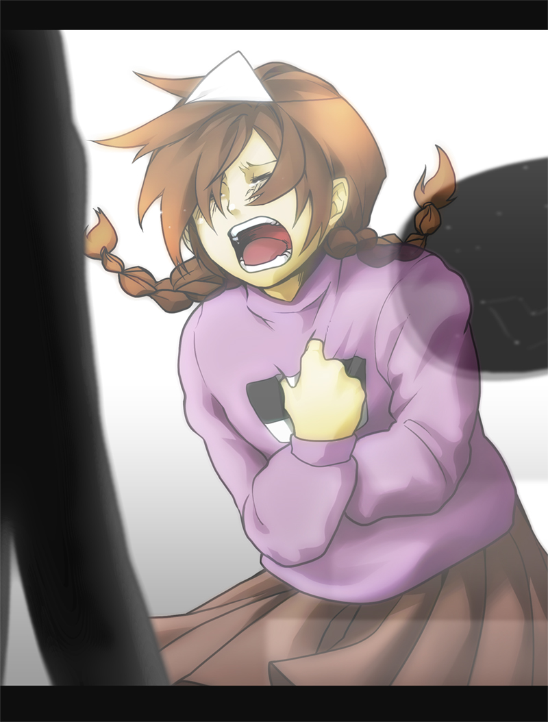 1boy, 1girl, bad_id, braid, brown_hair, clothes_grab, crying, dakkarubi