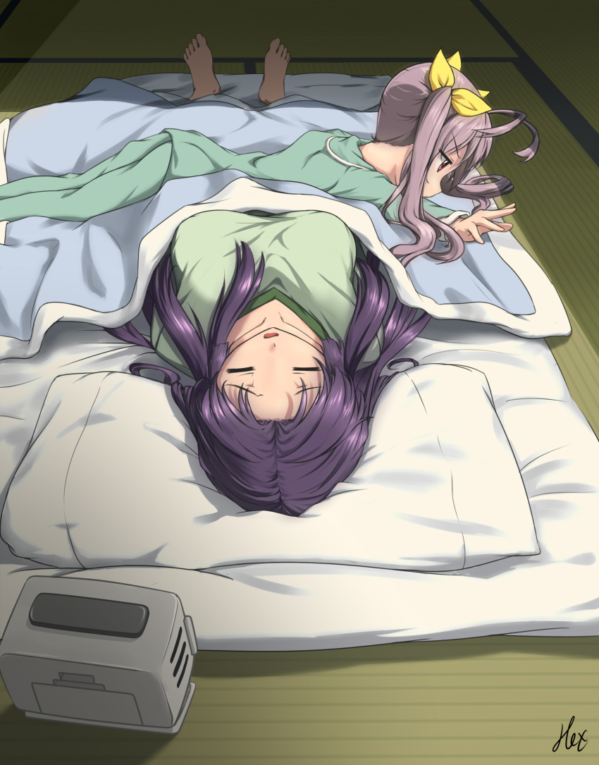 2girls, alarm_clock, antenna_hair, artist_name, barefoot, bed_sheet, breasts, clock