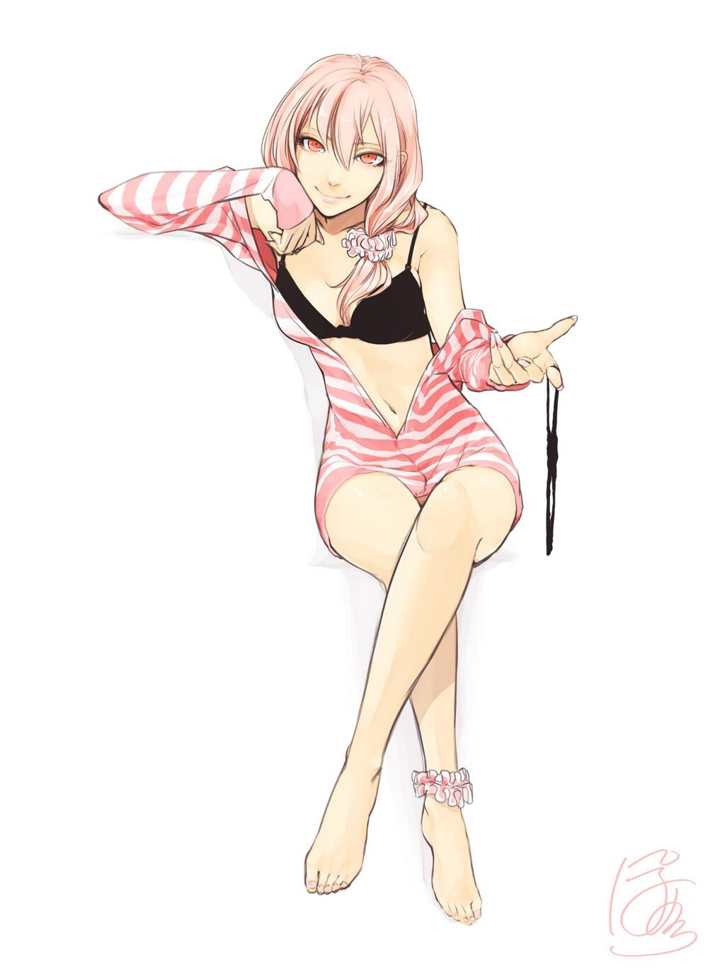 1girl, arm_rest, barefoot, black_bra, bra, chin_rest, commentary_request, feet
