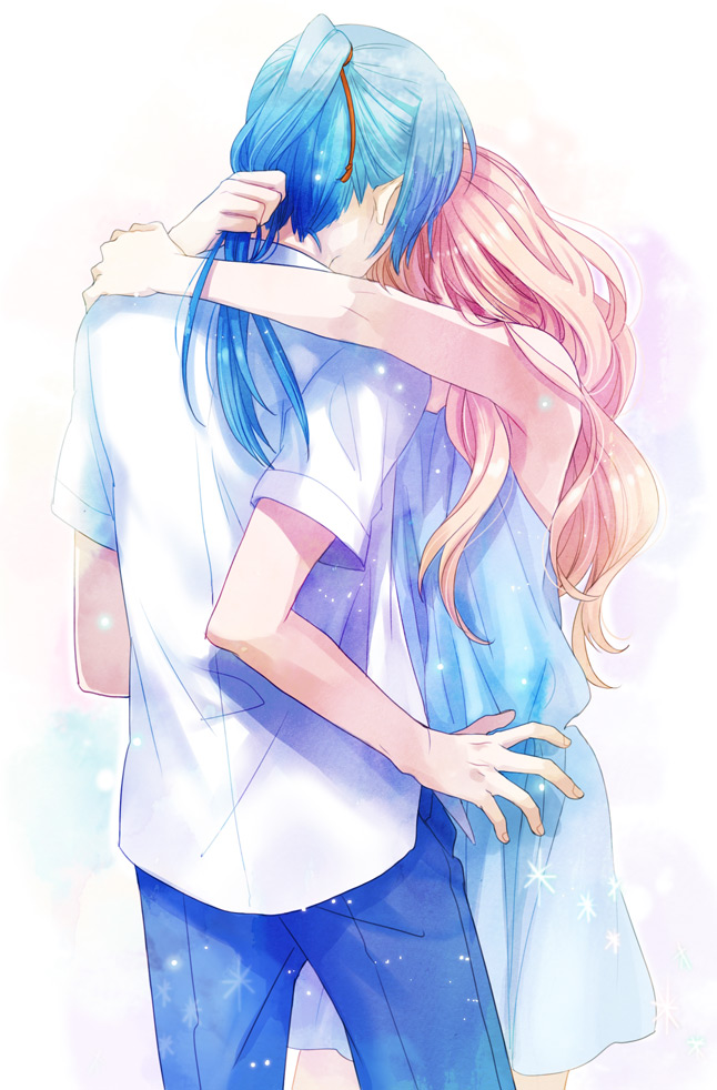 1girl, couple, hug, macross, macross_frontier, monaka, saotome_alto, sheryl_nome