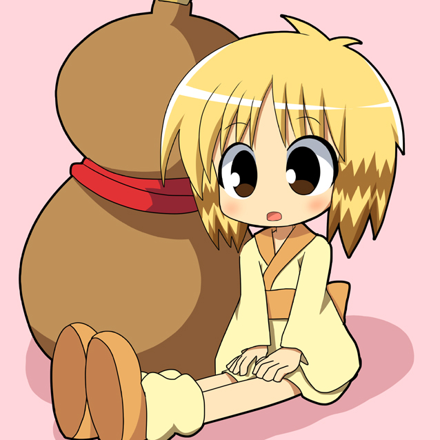 1girl, :o, antenna_hair, blonde_hair, blush, brown_eyes, confused, copyright_request, full_body, gourd, japanese_clothes, kimono, long_sleeves, manyuuki, multicolored_hair, nyan_nyan, osaragi_mitama, outdoors, oversized_object, parted_lips, pink_background, shoes, short_hair, short_kimono, simple_background, sitting, solo, wide_sleeves