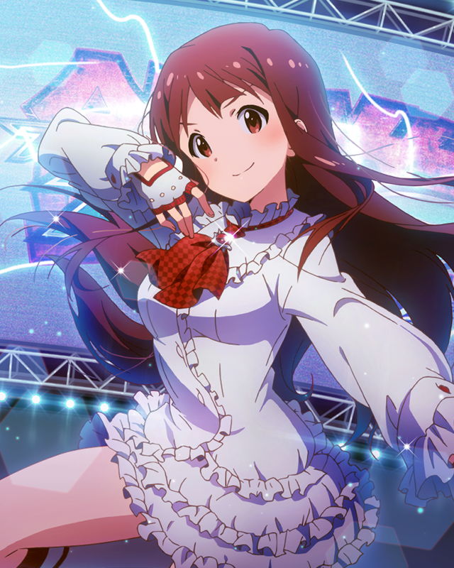 1girl, artist_request, brown_eyes, brown_hair, company_connection, cosplay, dress, emilie_de_rochefort, emilie_de_rochefort_(cosplay), fingerless_gloves, gloves, idolmaster, idolmaster_million_live!, knees, legs, lili_(tekken)_(cosplay), long_hair, miniskirt, namco, official_art, skirt, smile, solo, tanaka_kotoha, tekken, textless, white_dress