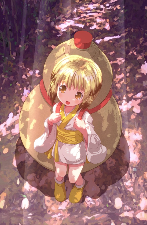1girl, blonde_hair, carrying, copyright_request, full_body, gourd, japanese_clothes, kimono