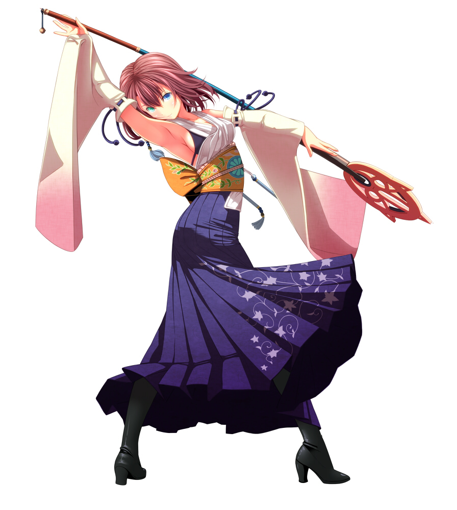 1girl, armpits, blue_eyes, boots, breasts, brown_hair, detached_sleeves, final_fantasy, final_fantasy_x, full_body, green_eyes, heterochromia, high_heel_boots, high_heels, long_skirt, looking_at_viewer, pose, sash, short_hair, sideboob, simple_background, skirt, solo, staff, standing, tsukumo, white_background, yuna, yuna_(ff10)
