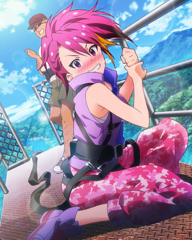 1boy, 1girl, acrophobia, artist_request, blush, bungee_jumping, camouflage, camouflage_pants, clenched_teeth, harness, idolmaster, idolmaster_million_live!, lens_flare, looking_at_viewer, maihama_ayumu, multicolored_hair, official_art, pants, pink_eyes, pink_hair, railing, scared, teeth, vest, wavy_mouth