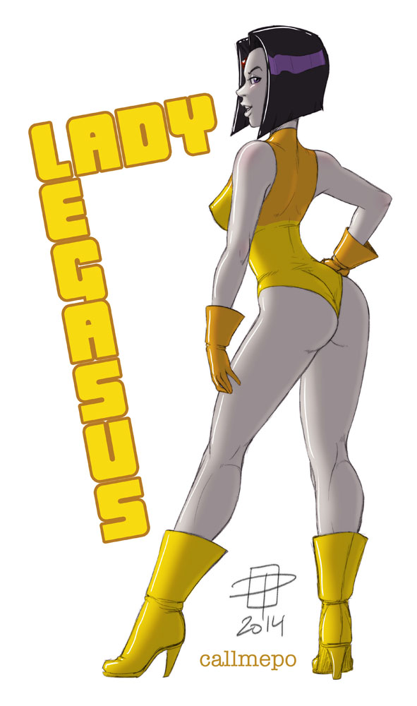 1girl, alternate_costume, ass, bad_deviantart_id, bad_id, bare_legs, bob_cut, boots, breasts, call_me_po, colored_skin, dc_comics, forehead_jewel, from_behind, gloves, grey_skin, hand_on_hip, high_heel_boots, high_heels, lady_legasus, leotard, purple_hair, raven_(dc), smile, solo, teen_titans, teen_titans_go!, thong_leotard, violet_eyes