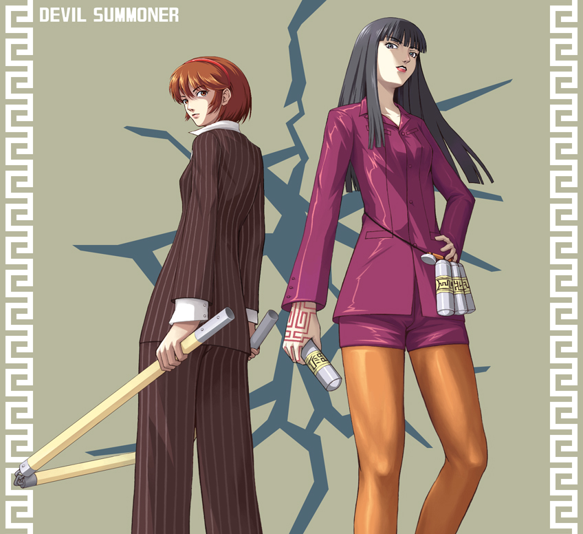 black_hair, brown_hair, devil_summoner, formal, hairband, lipstick, naomi_(soul_hackers), pantyhose