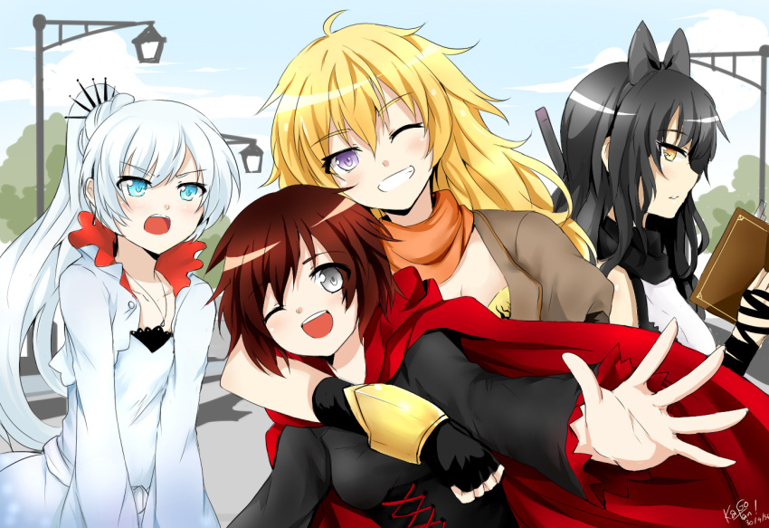 4girls, ;d, ahoge, aqua_eyes, arm_around_neck, bare_shoulders, black_hair, blake_belladonna