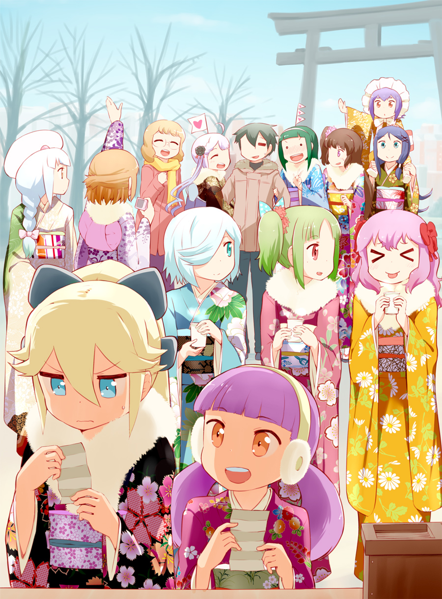 >_<, 2boys, 6+girls, blush, camera, closed_eyes, coat, cup