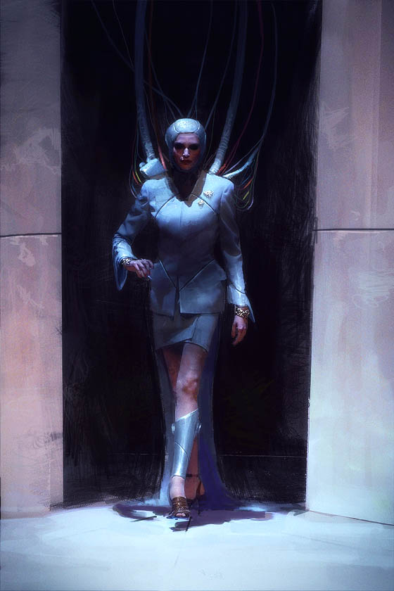 1girl, cable, copyright_request, cyberpunk, cyborg, formal, full_body, headgear