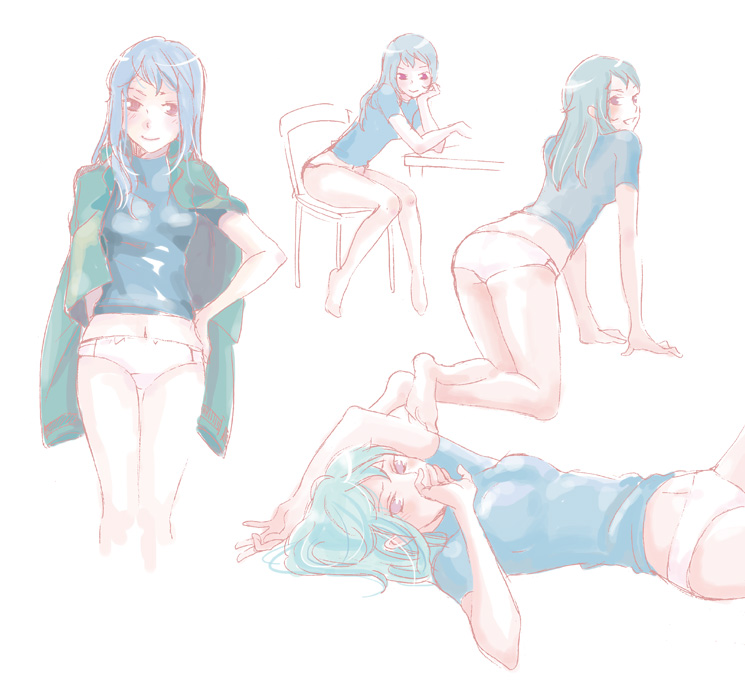 bad_id, barefoot, blue_hair, chair, feet, gundam, gundam_00, lying, panties, shimazaki, sitting, t-shirt, underwear, white_panties