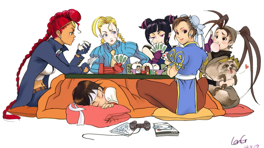 6+girls, 90s, ahoge, alternate_costume, black_hair, blonde_hair, blush_stickers, braid