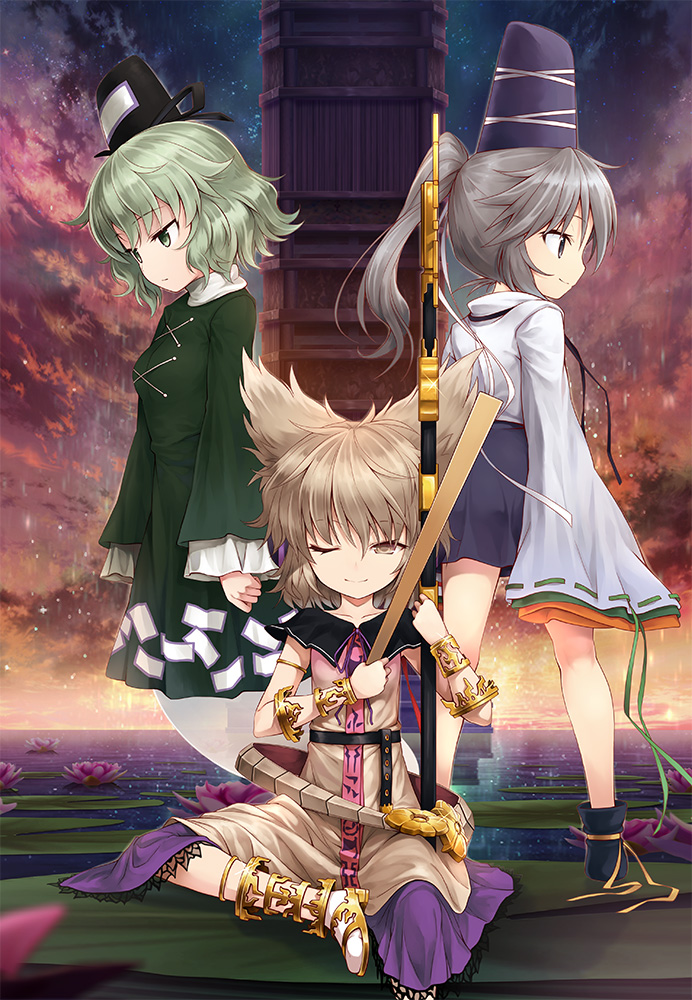 3girls, aqua-lia, brown_hair, dress, earmuffs, flower, ghost_tail, green_dress